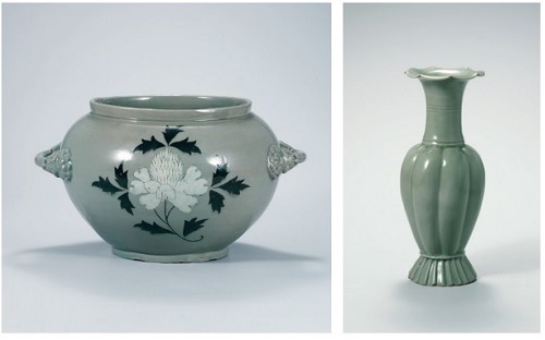 (Clockwise from left) Celadon Jar with Peony Design (Goryeo, 12th century); Celadon Melon-shaped Bottle (Goryeo, 12th century);